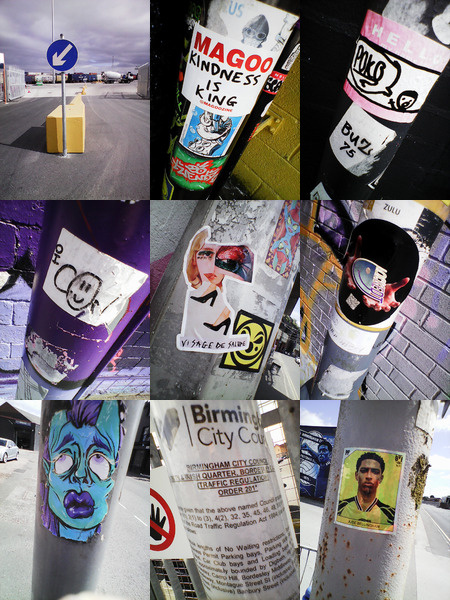 Montage of 9 images of
      stickers on posts in Birmingham